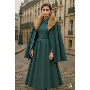 Vintage 1960's 4 piece Wool Set Fox fur Cape Teal Rare Matching Capsule Jackie O